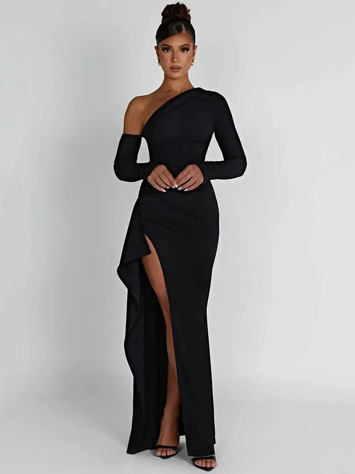 Chic Oblique Shoulder Thigh-High Split Maxi Dress - Sleeveless Backless Bodycon for Evening Parties