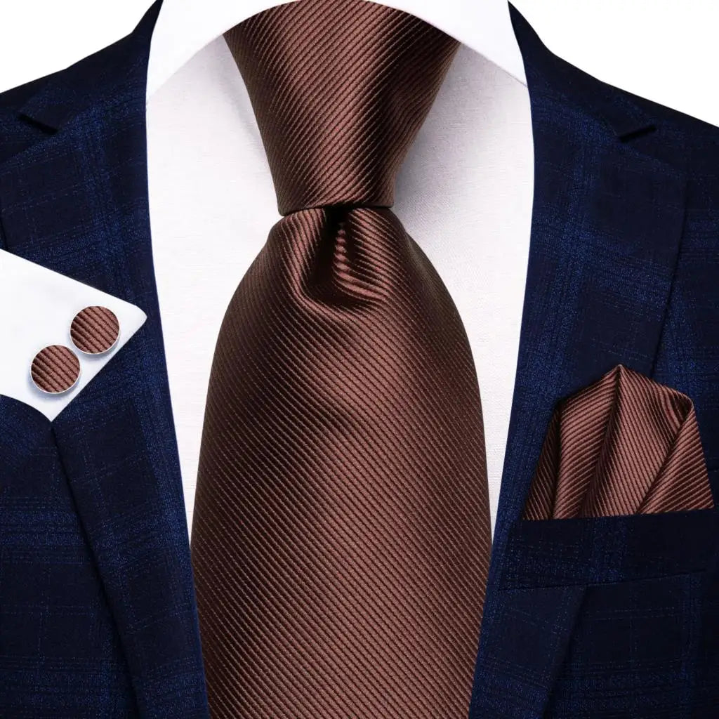 Solid Coffee Brown Silk Tie with Cufflinks & Pocket Square for Weddings & Business