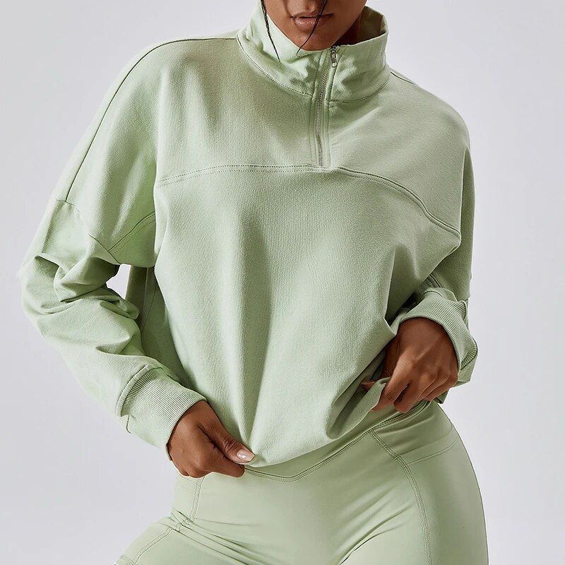 Cotton Casual Long Sleeve Oversized Pullover with Zipper
