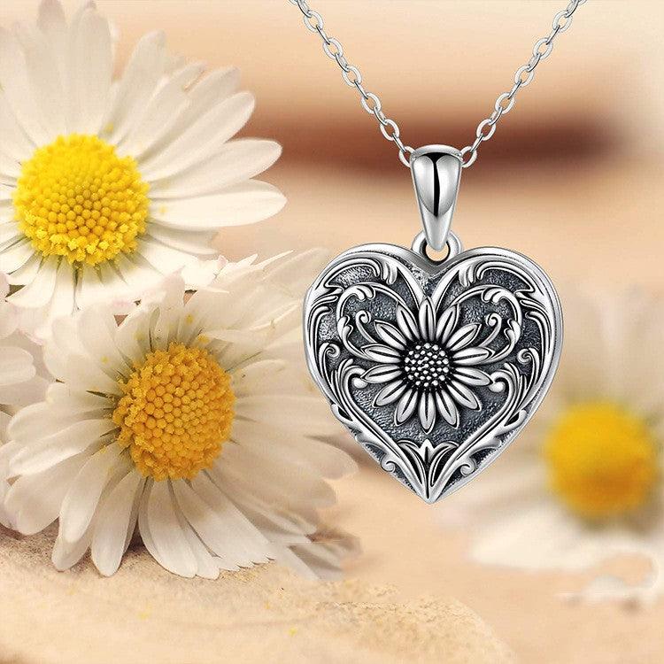 Double-sided Photo Couple Pendant Sunflower Carved Peach Heart Engraved Word Necklace - Trendha