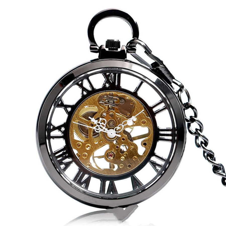 Double-sided Transparent Cutout Design Straight Plate Without Cover Roman Literal Mechanical Pocket Watch - Trendha