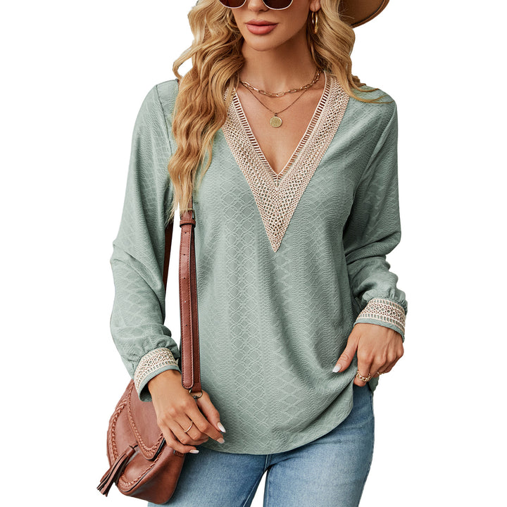 Lace Stitching V-neck T-shirt Loose Long-sleeved Solid Color Top For Women