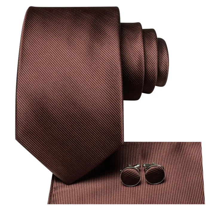 Solid Coffee Brown Silk Tie with Cufflinks & Pocket Square for Weddings & Business