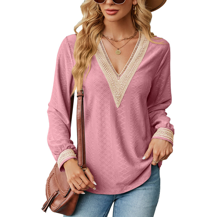 Lace Stitching V-neck T-shirt Loose Long-sleeved Solid Color Top For Women