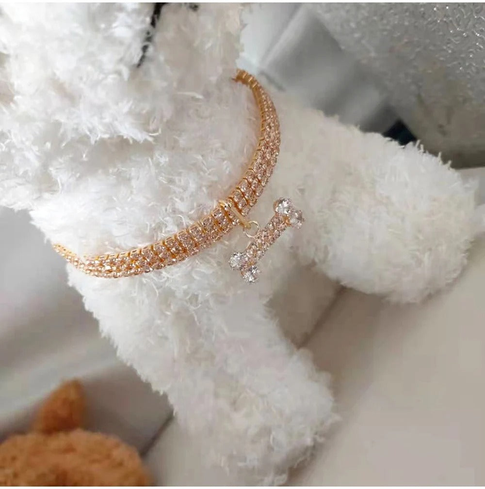 Luxury Adjustable Pet Collar with Zircon Bone Pendant