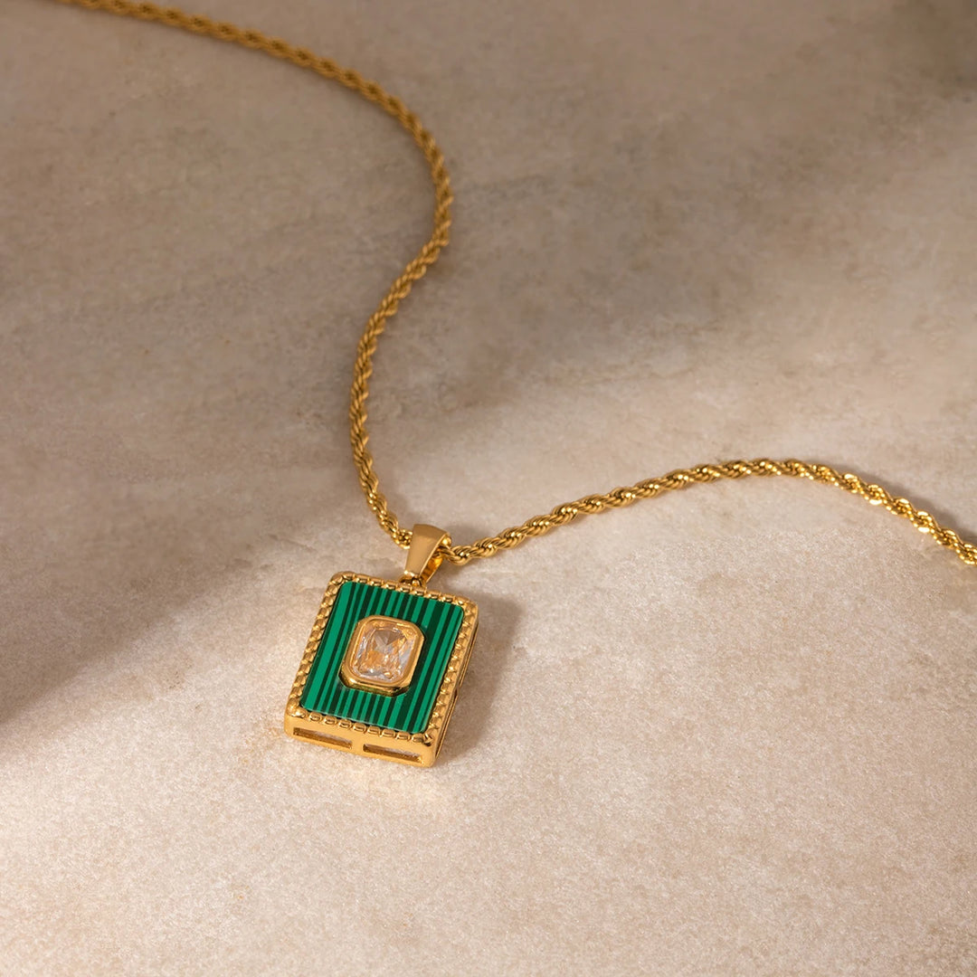 18K Gold Plated Square White Zircon Malachite Pendant Necklace for Women