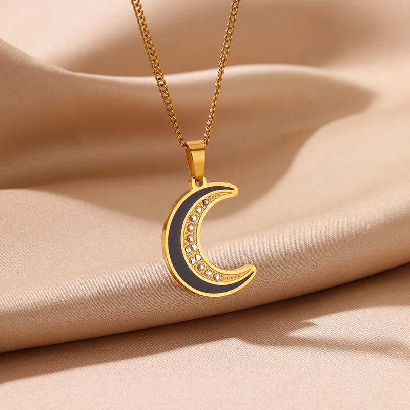 Gold Moon Pendant Necklace with Cubic Zirconia – Trendy Stainless Steel Jewelry