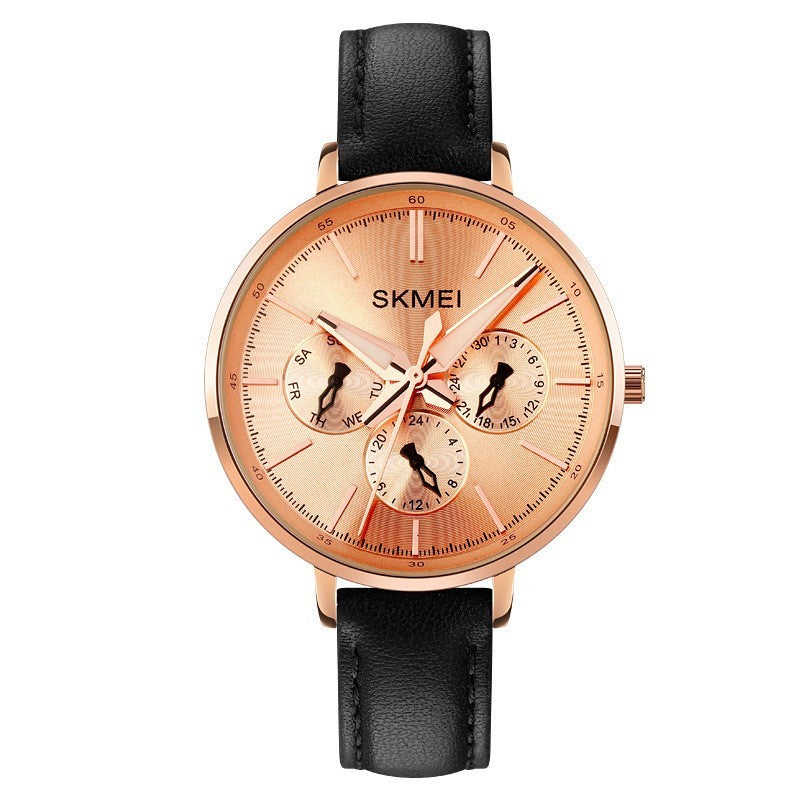 Fashion Six-pin Genuine Leather Women's Retro Round Quartz Watch