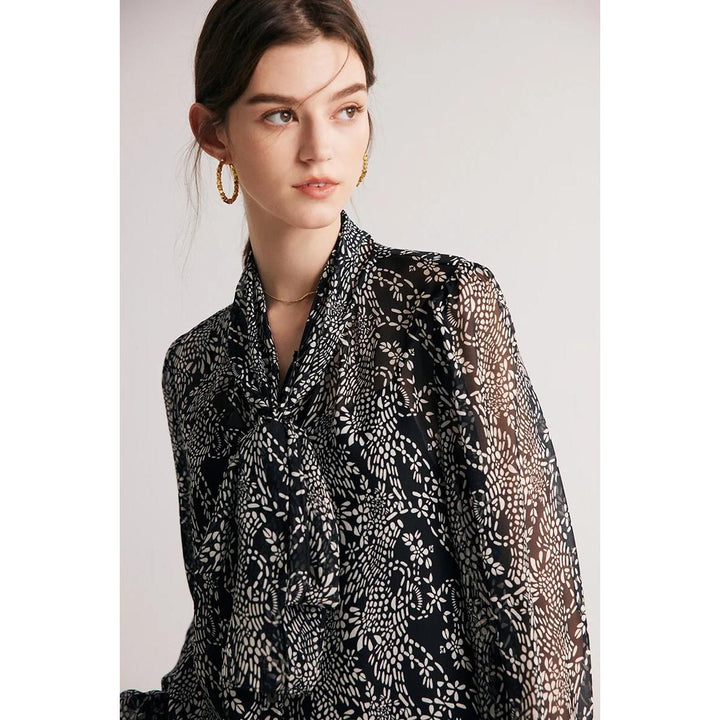 Elegant Black Printed Silk Blouse with Bow Collar