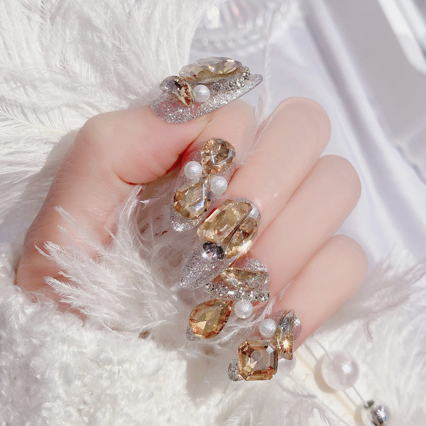 Luxury Glitter Crystal False Nails with Gold Rhinestone Decor