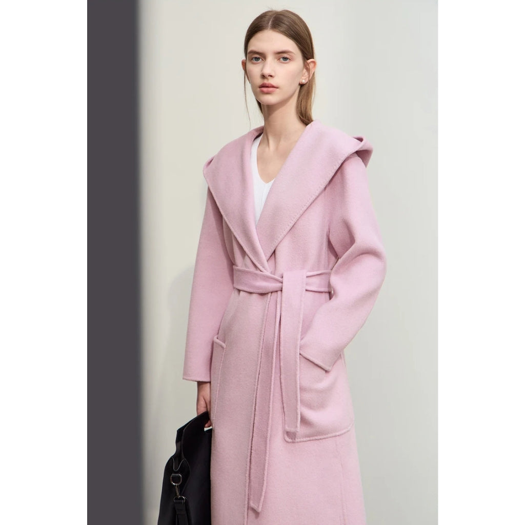 Autumn Women's Hooded Split Belt Long Wool Overcoat