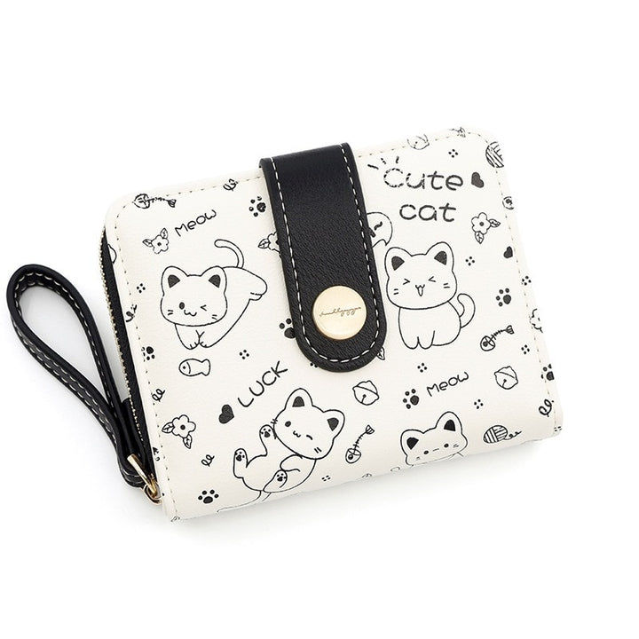 Cute Cat Compact Wallet - Zippered Coin and Card Holder with Key Storage