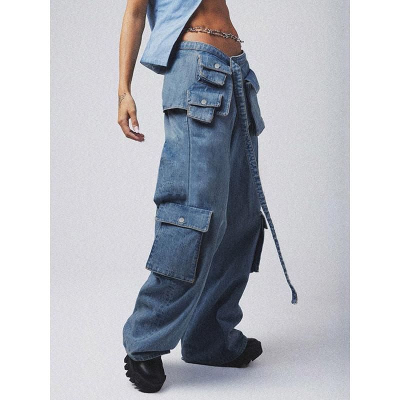 High-Waisted Baggy Jeans with Lace-Up Cargo Pockets