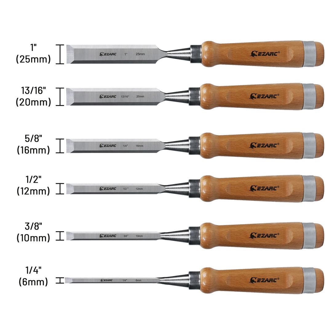 6-Piece Wood Chisel Set with Premium Wooden Case for Woodworking Craftsmen