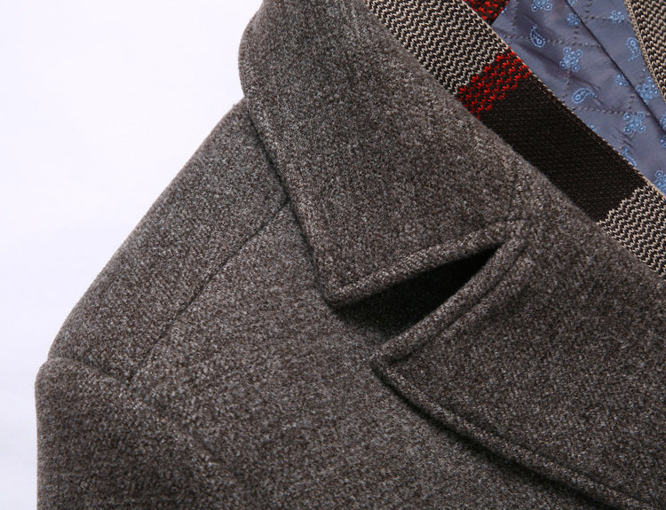 Thick Quilted Lapel Collar Men's Mid-length Wool Overcoat