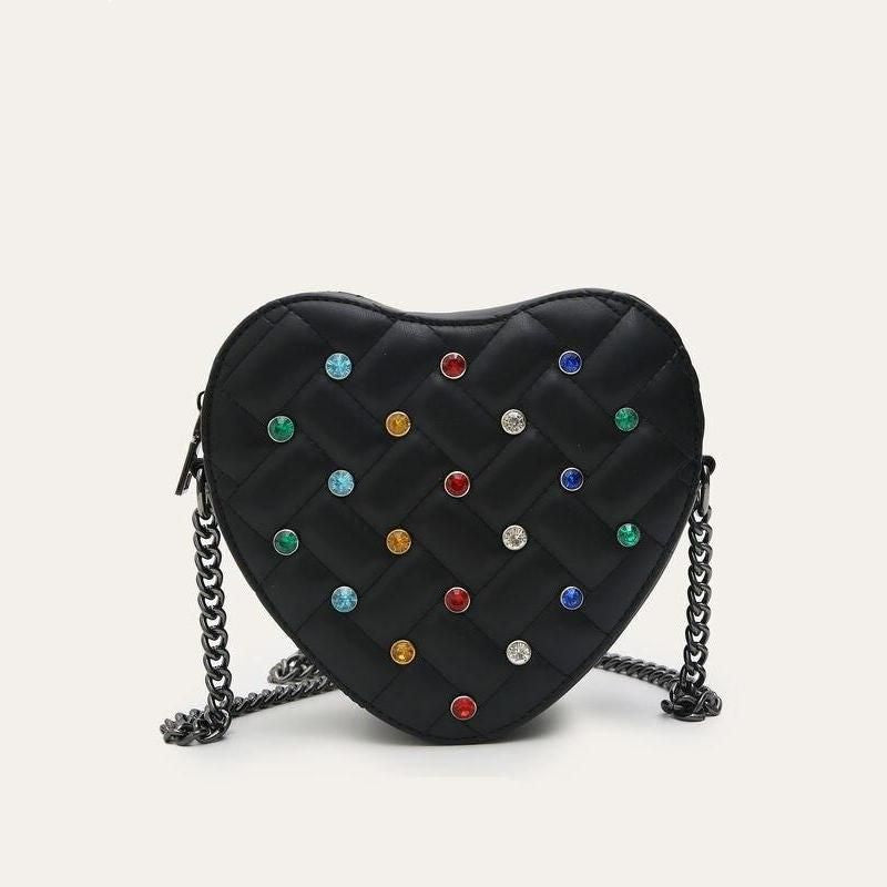 Heart Shaped Crossbody Bag with Colorful Rhinestone Detailing