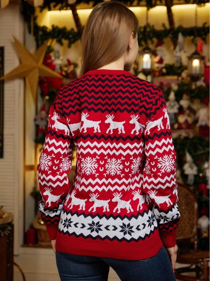 Women's Christmas Reindeer Xmas Snowflake Patterns Knitted Sweater Long Sleeve Elk Floral Printed Pullover - Trendha