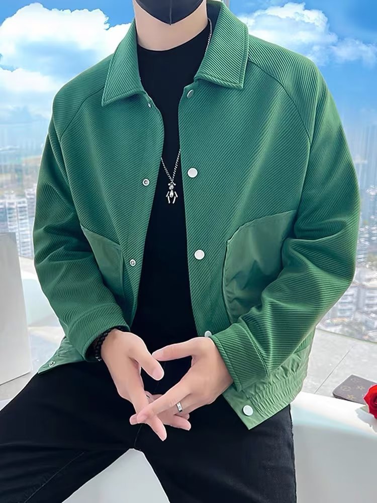 Twill Green Coat Lapel Pu Handsome Jacket