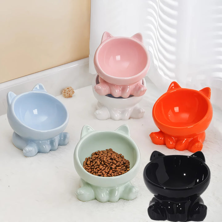 Ceramic Cat Bowl with Elevated Diagonal Design