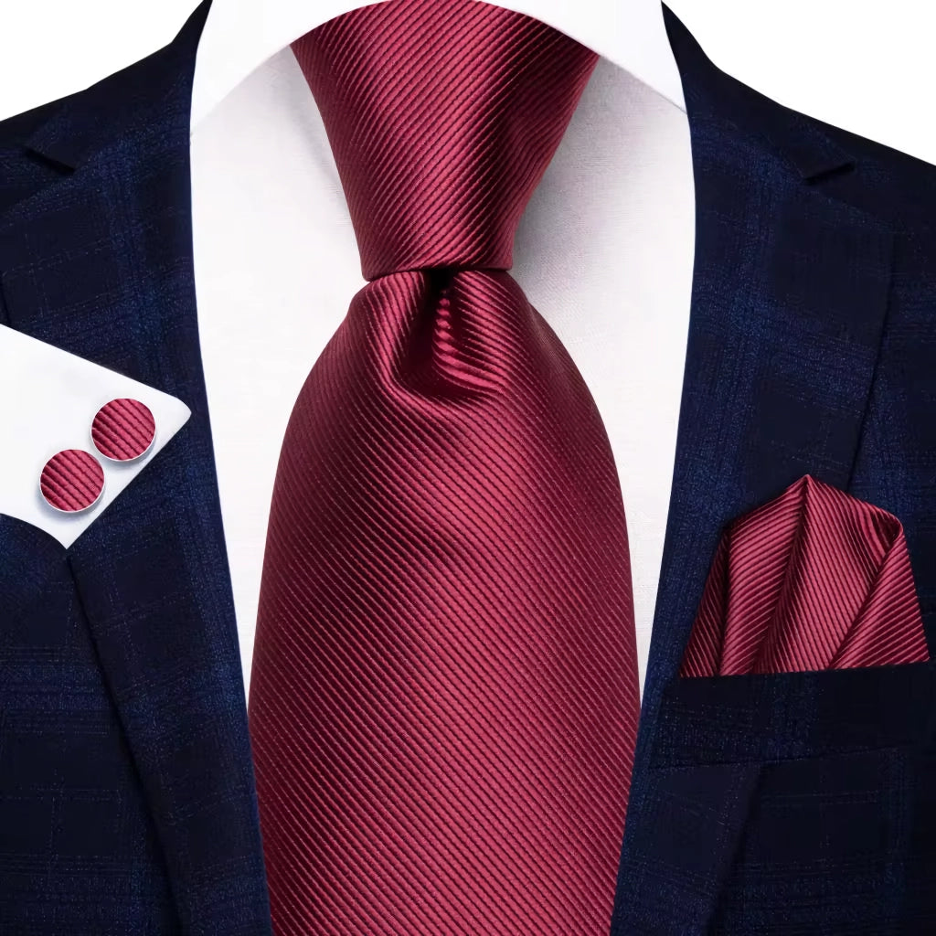 Elegant Solid Burgundy Red Silk Wedding Tie with Matching Accessories