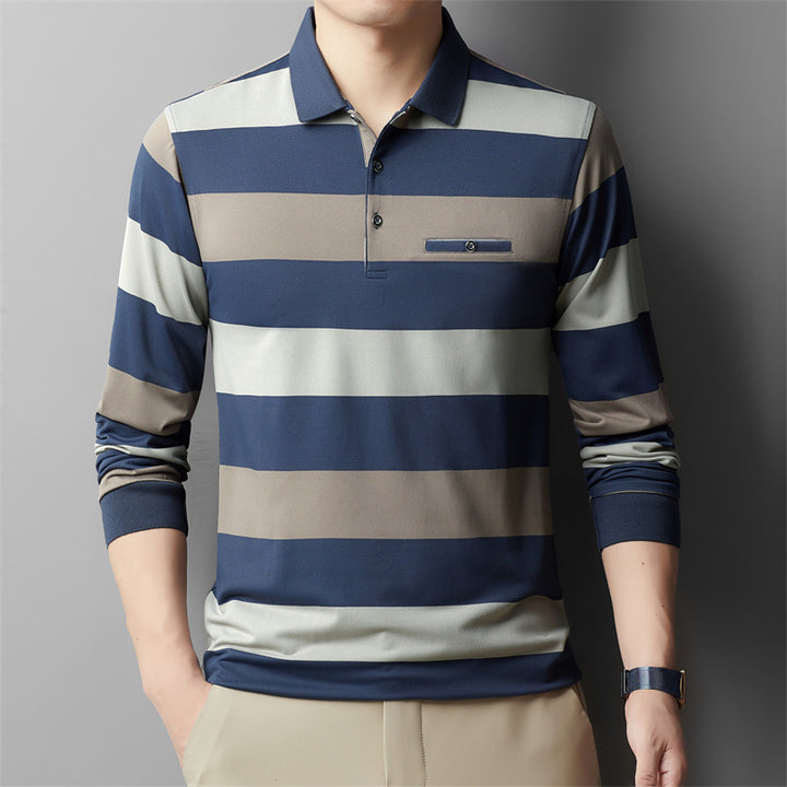 Fashion Colorblock Striped Long Sleeve Lapel T-shirt