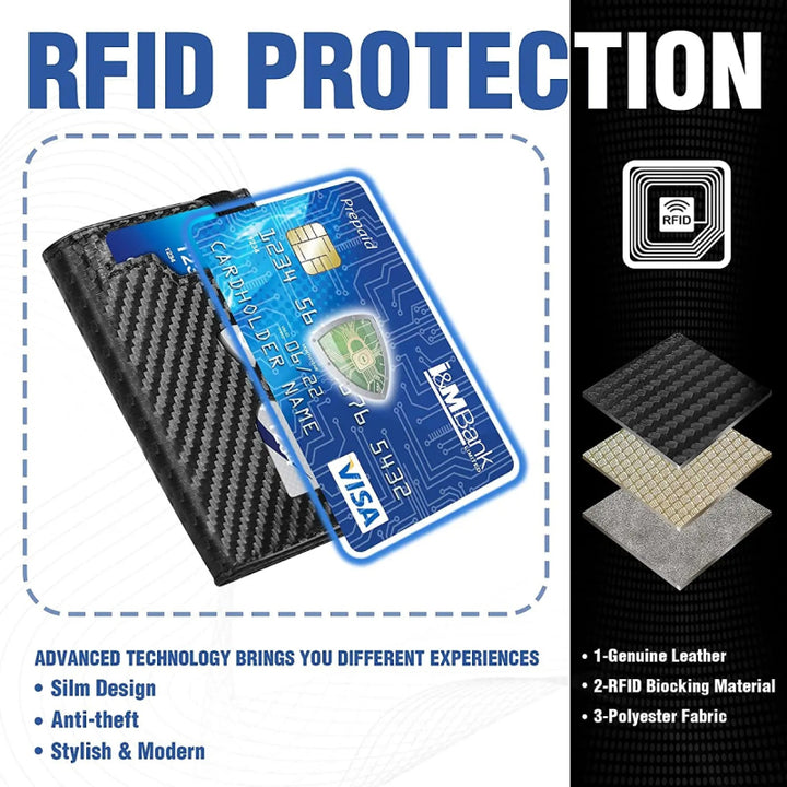 Slim Carbon Leather Wallet RFID Blocking Card Holder with Coin Compartment