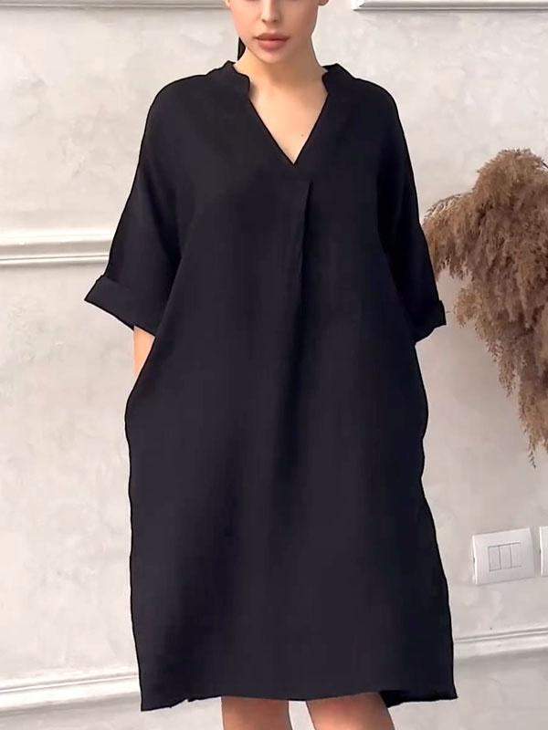 Fashion Cotton Linen Women V-neck Loose Plus Size Dress