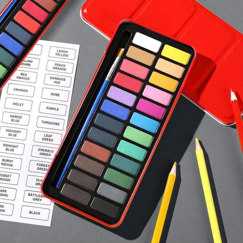 12/18/24 Colors Solid Watercolor Paint Set with Red Iron Box – Premium Gouache Watercolor for Kids &amp; Beginners