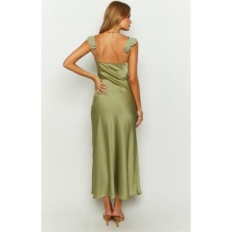Elegant V-Neck Sleeveless Ruffle Maxi Dress with Backless Design