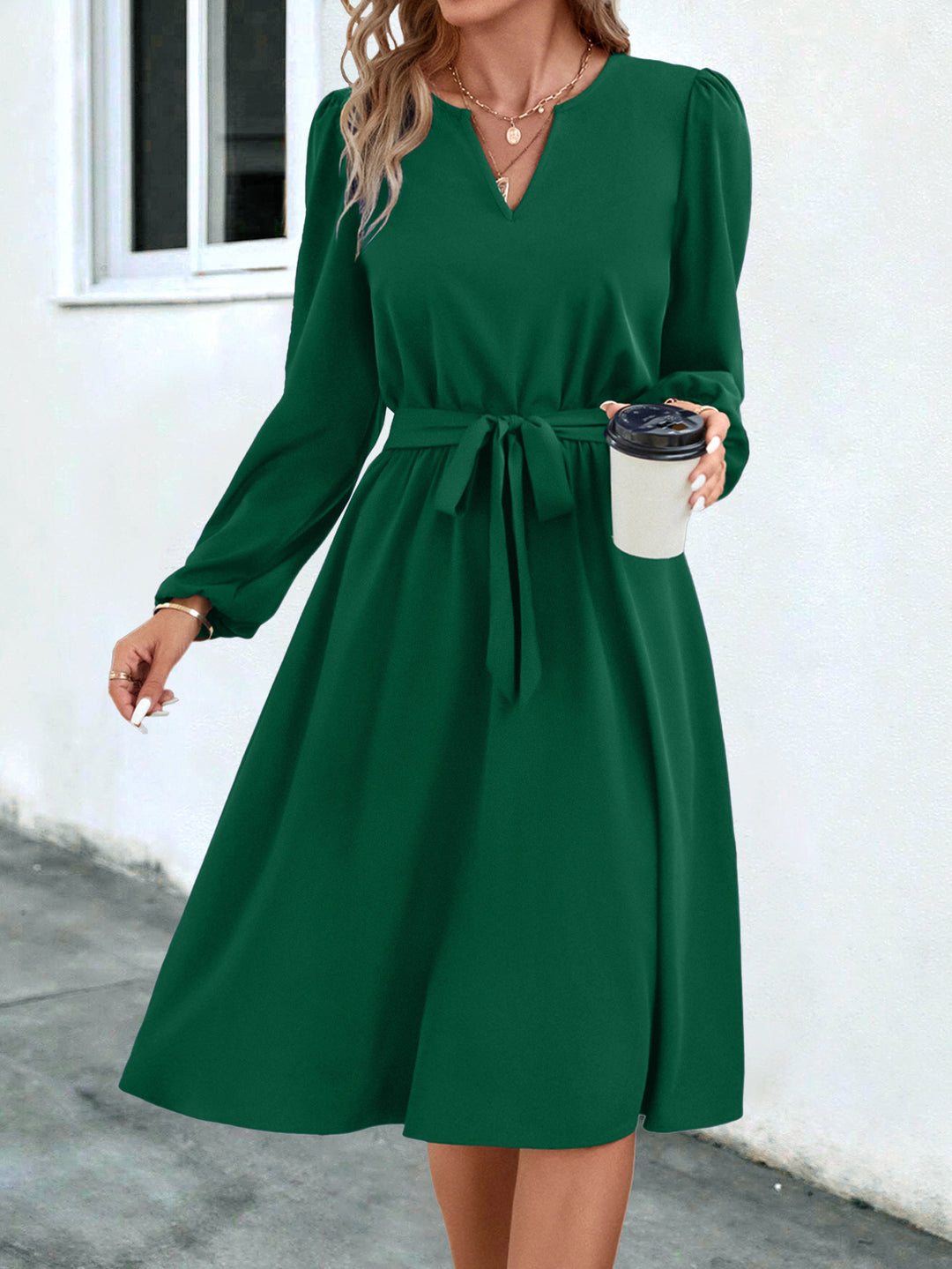 Autumn And Winter European And American Women's Clothing Long Sleeve Small V-neck Lace Up Dress