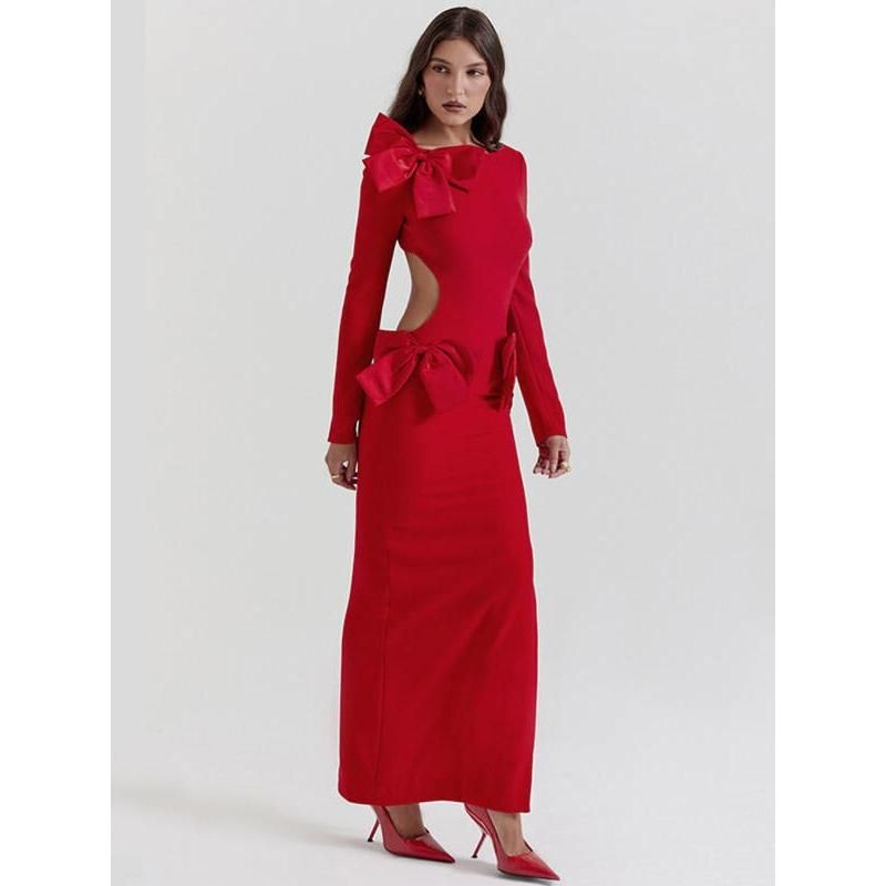 Elegant Red O-Neck Backless Bow Maxi Dress