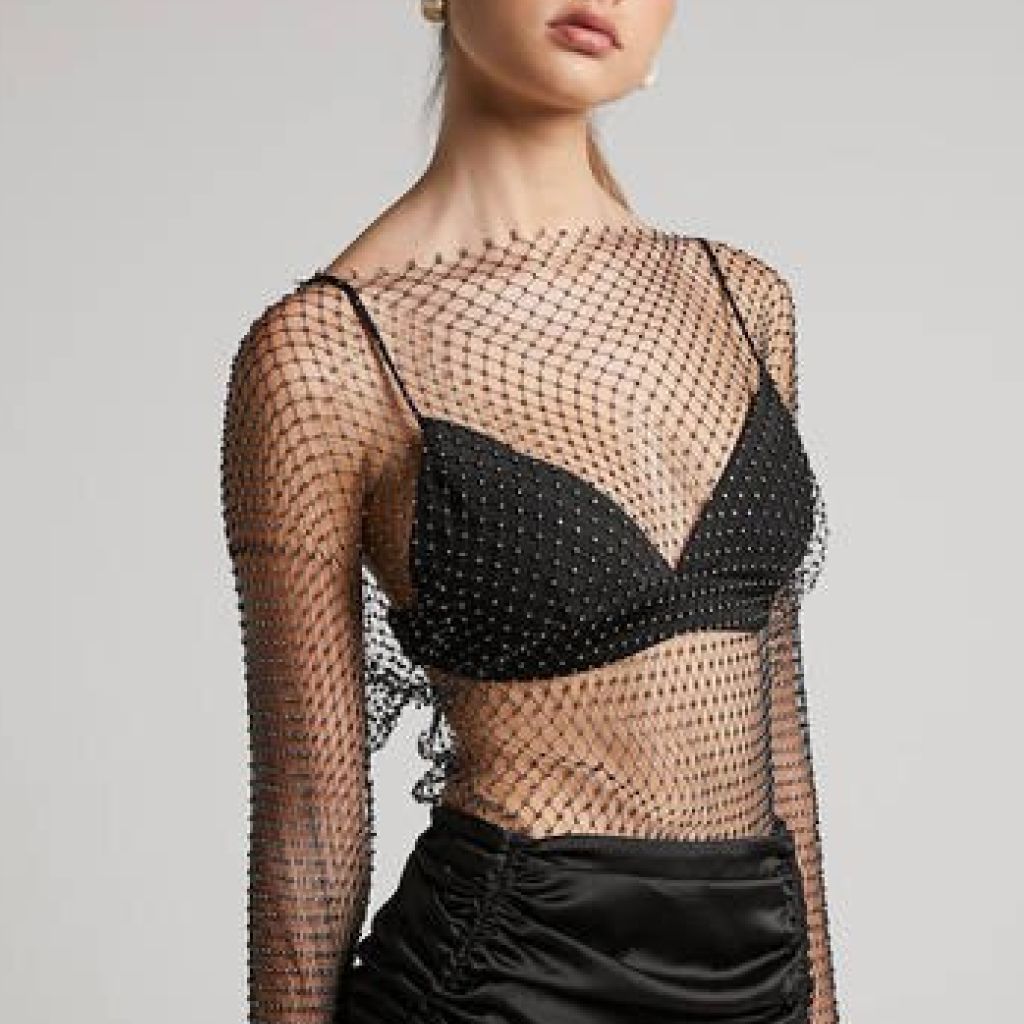 Sheer Rhinestone Studded Cover Up & Triangle Bikini Set