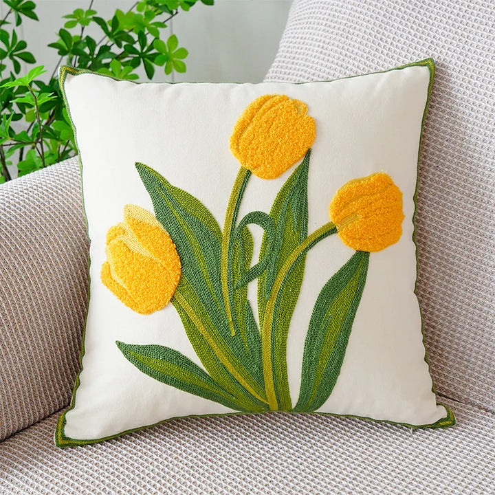 Floral Embroidered Tulip & Orchid Cushion Cover