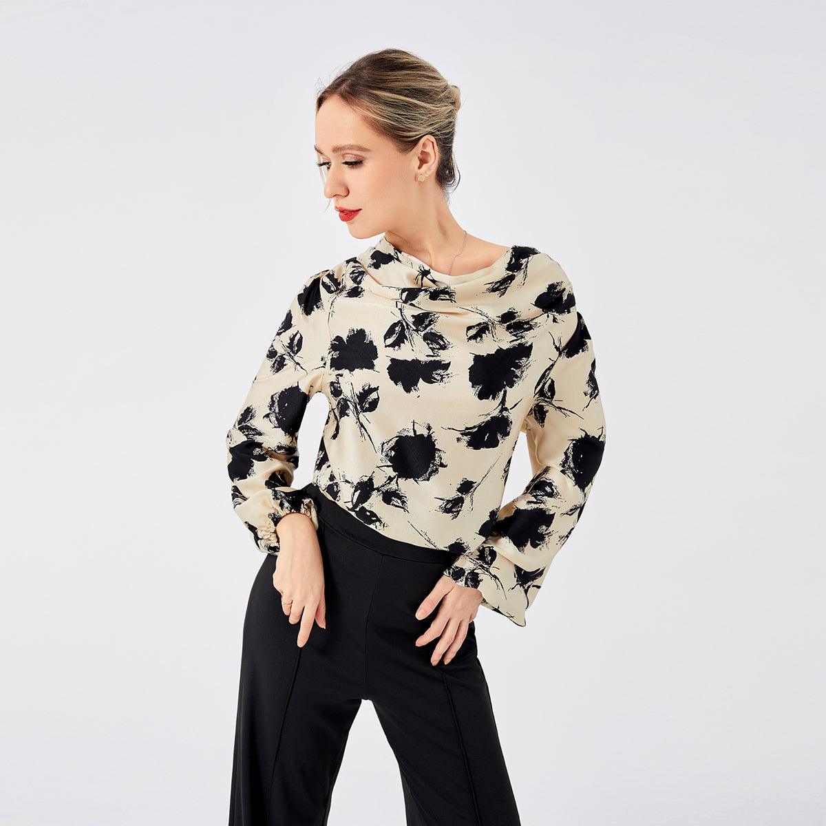 Elegant Ladies Print Front Drop Collar Blouse - Trendha