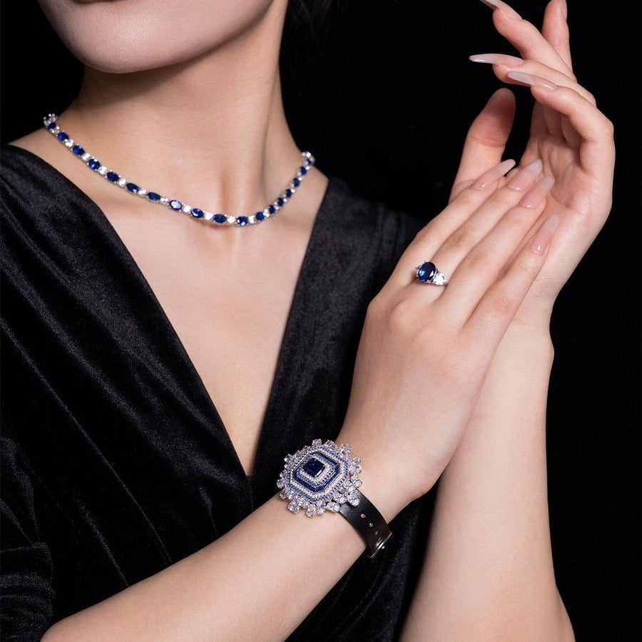 Elegant Sapphire And Diamond Watch With Necklace - Trendha