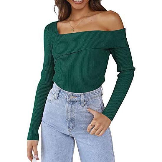 European And American Autumn Leisure Long-sleeved Slim Off-shoulder Knitted Sweater Pullover Top - Trendha