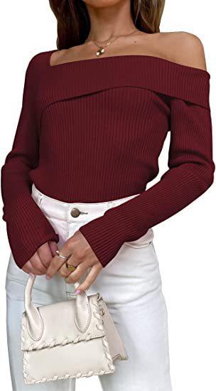 European And American Autumn Leisure Long-sleeved Slim Off-shoulder Knitted Sweater Pullover Top - Trendha