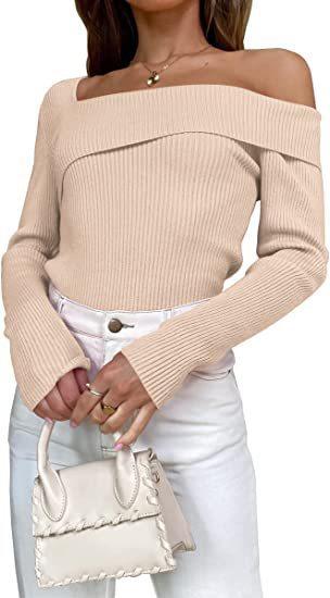 European And American Autumn Leisure Long-sleeved Slim Off-shoulder Knitted Sweater Pullover Top - Trendha