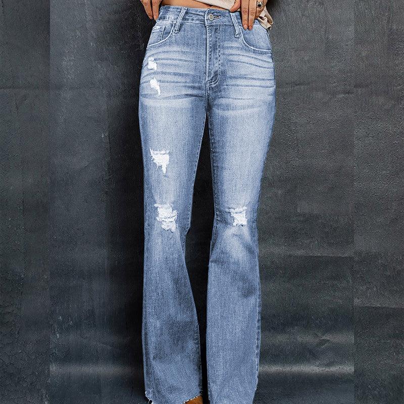 European And American High Waist Slim Denim Washed And Frayed Wide Leg Pants Trousers - Trendha