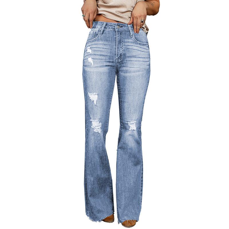 European And American High Waist Slim Denim Washed And Frayed Wide Leg Pants Trousers - Trendha