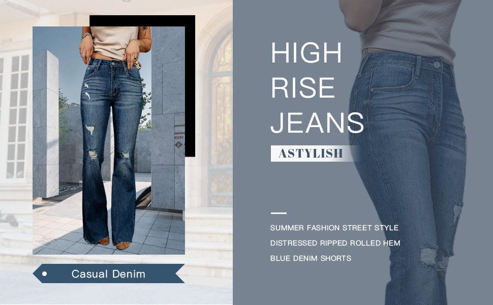 European And American High Waist Slim Denim Washed And Frayed Wide Leg Pants Trousers - Trendha