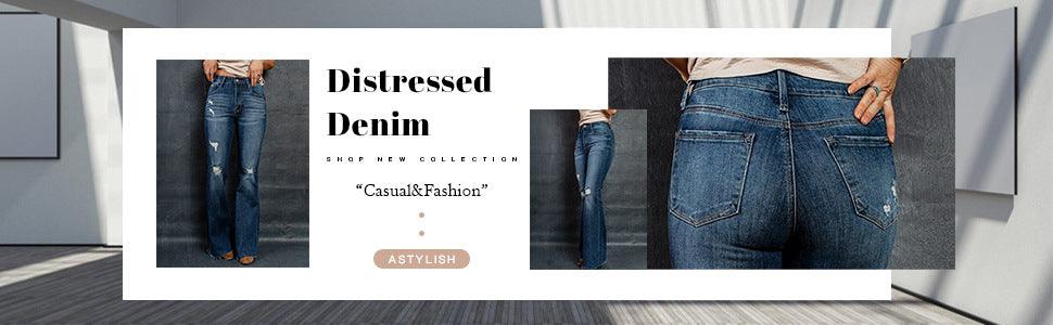 European And American High Waist Slim Denim Washed And Frayed Wide Leg Pants Trousers - Trendha