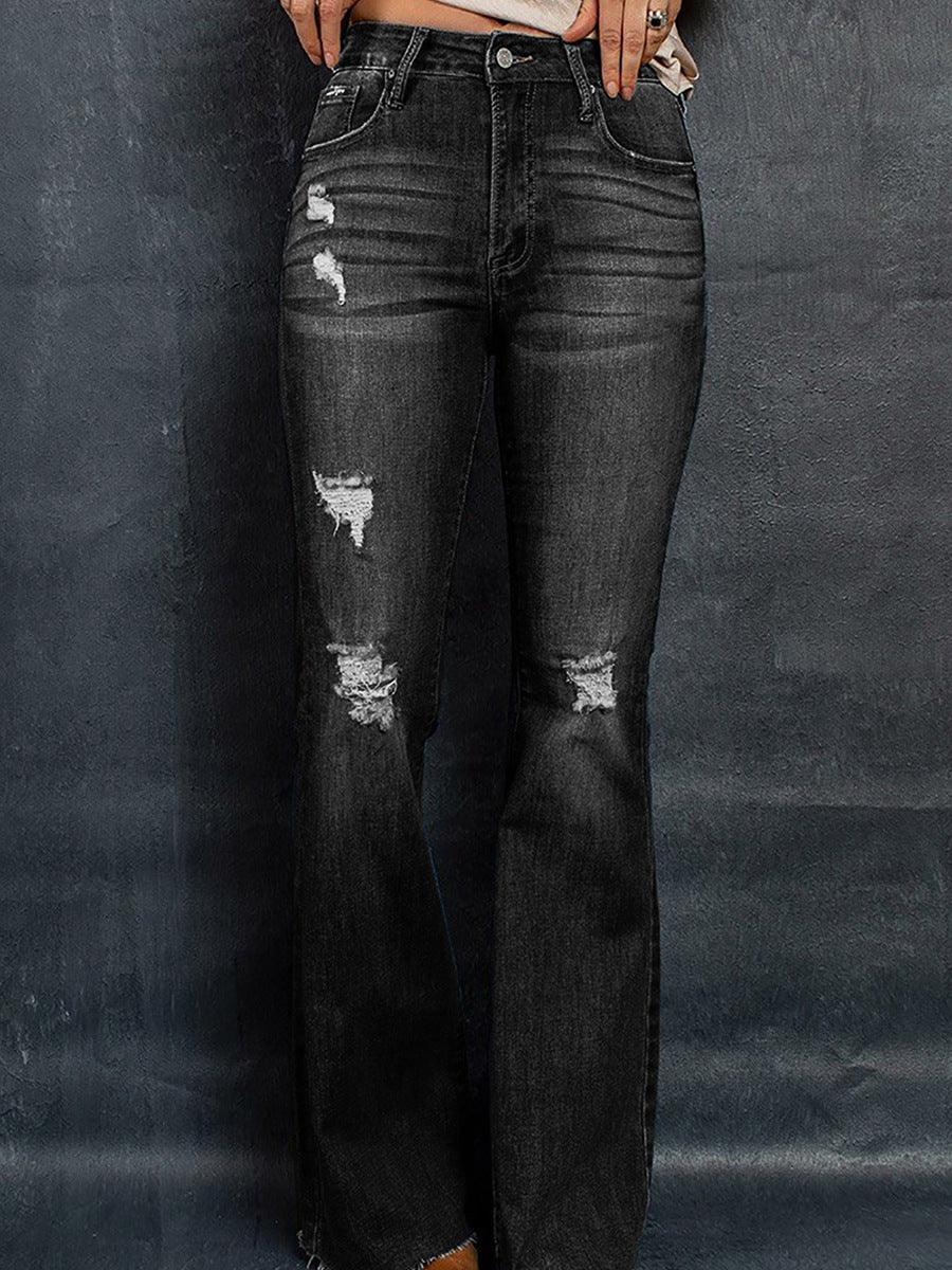 European And American High Waist Slim Denim Washed And Frayed Wide Leg Pants Trousers - Trendha