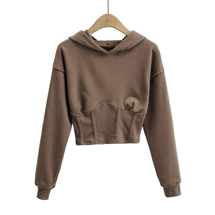 European And American Slim Fitting Navel Solid Hooded Sweater - Trendha