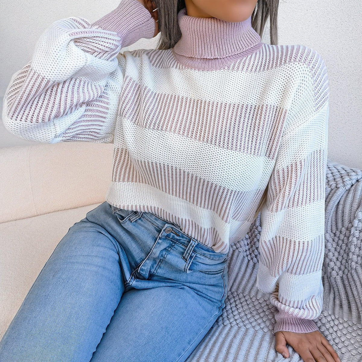 European And American Street Stripe Lantern Sleeve High Neck Bottoming Sweater - Trendha