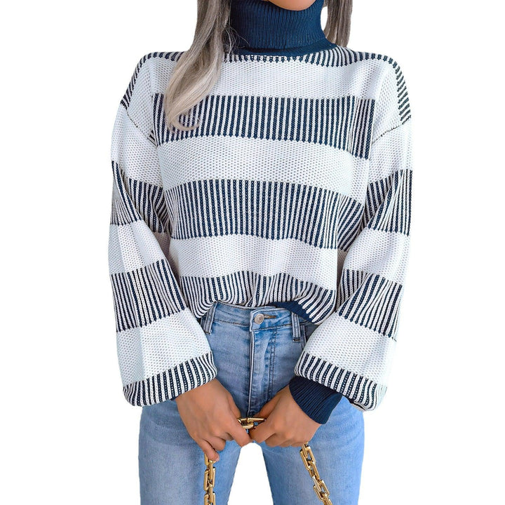 European And American Street Stripe Lantern Sleeve High Neck Bottoming Sweater - Trendha