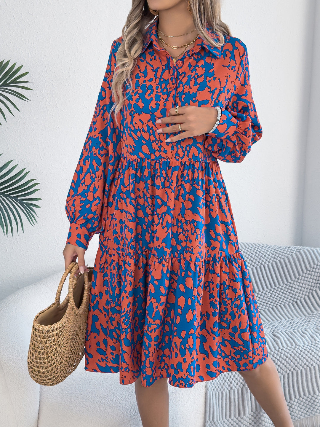 Casual Loose Contrast Color Leopard-print Long-sleeved Shirt Dress