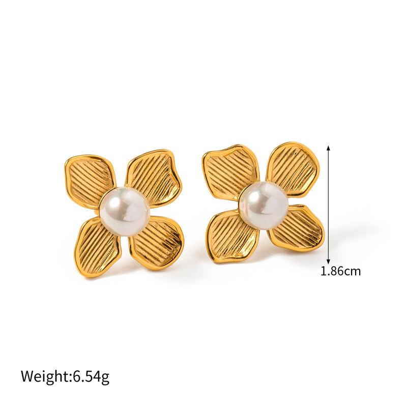 18K Gold Plated Stainless Steel Flower Earrings with Shell Beads