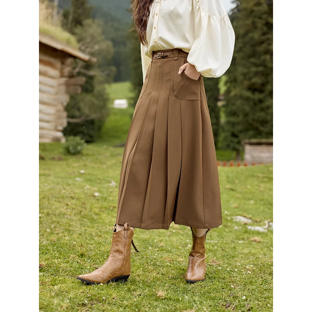 High Waist Pleated A-Line Skirt with Decorative Belt and Pockets