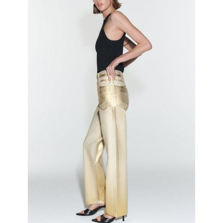 High Waist Gold Coated Straight Jeans
